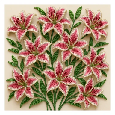 french beaded stargazer lilies, twelve flowers, vibrant pink and white, intricate beading, green stems and leaves, arranged artistically, close-up, realistic sticker