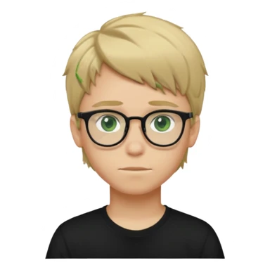 Generate me a profile picture like with a teenage boy who has dirty blond hair, green eyes, glasses and a black t-shirt sticker