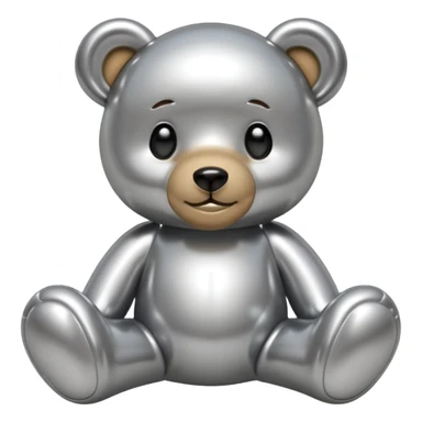 A cute teddy bear emoji made of liquid silver chrome, smooth rounded body, glossy metallic surface, soft reflections, friendly proportions, iOS emoji style, centered, clean white background sticker