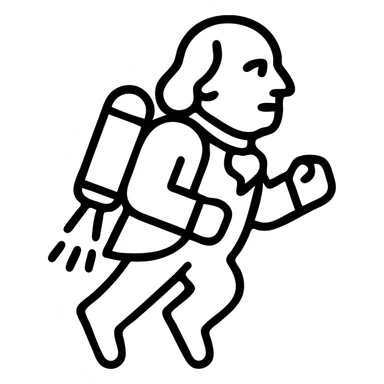 Ben Franklin wearing a jetpack, flat icon style, black outline, no fill, suitable for a startup logo sticker