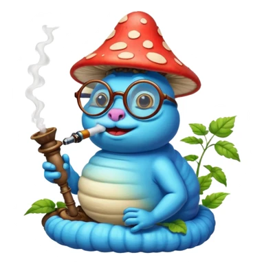 blue caterpillar with round glasses smoking a hooka pipe on top of a mushroom sticker