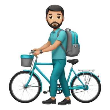 a man with a grey backpack and a torquoise byciycl and he has black shot=rt man hair and a beard with a polo grey shirt and dress pants sticker