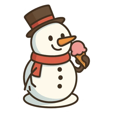 flat toon style snowman eating ice cream, no background sticker