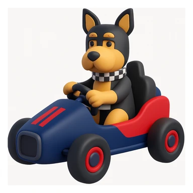 Change the racecar to dark blue and red, keep the black and tan terrier driving. The style is microsoft style 3d fluent emoji style. sticker