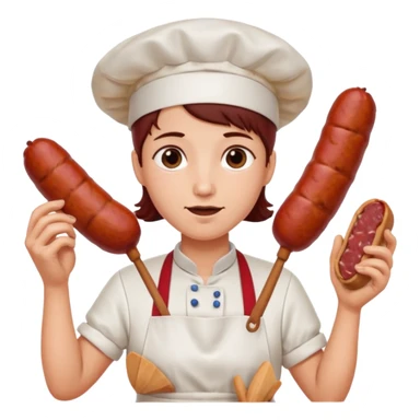 Charcutera con un chorizo y embutido en la mano con una redecilla en el pelo y delantal blanco y añade mucha carne alrededor sticker