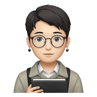 korean male guy 20s wearing an apnotebook, wearing radio earrings, round glasses, achromatic clothes, and achromatic clothes. sticker