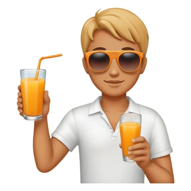 a hand holding fruit juice, wearing sunglasses, with a beach background sticker