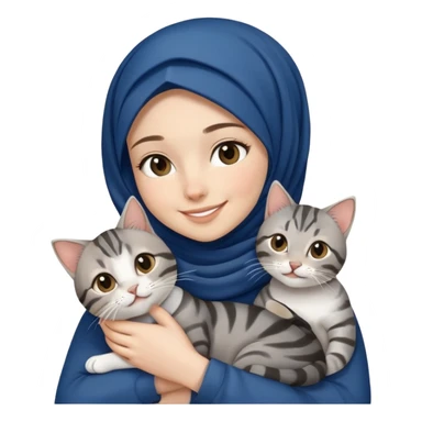 White girl wearing dark blue hijab with white shirt smiling while holding a black grey tabby cat sticker