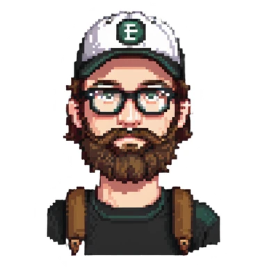 adventurer with beard, glasses and backwards baseball cap sticker