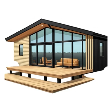 midcentury modern house with 1000 sqft and all windows and a sliding windows on corner. Single story. High ceilings, black and vertical wood slats for outside walls of home. Wood deck with complementary but different wood and shade from larger wood slats. With overhanging shade and slats. sticker