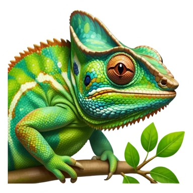 giant-chameleon-realistic emoji,-blending-with-vibrant-greenery.-detailed-scales-in-shifting-colors,-showing-the-chameleon’s-ability-to-camouflage.-soft-natural-light-highlights-its-texture.-nature-background, zoomed into its face sticker