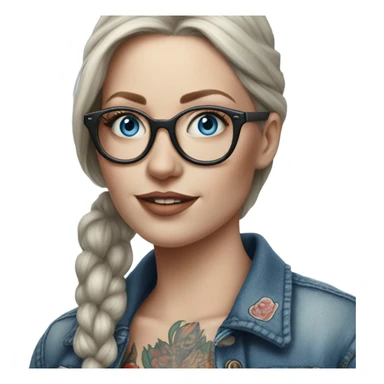Hyper Realistic pale beautiful tattooed woman with glasses and blue eyes wearing denim jacket sticker