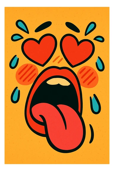 moaning mouth with heart eyes, blushing cheeks, and sweat drops, expressive vibrant toon style sticker