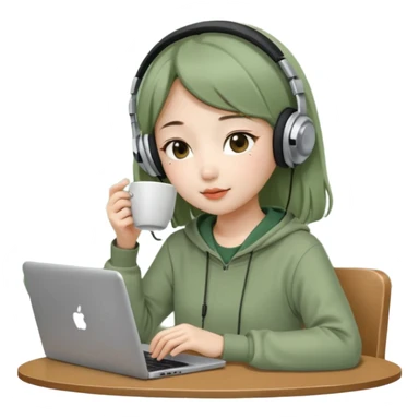A Korean girl at a dive bar with a laptop and headphones with coffee watchin a korean drama the clothes in sage green sticker