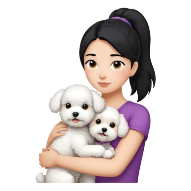 A girl with straight hair in a ponytail，hugging one Bichon frise sticker