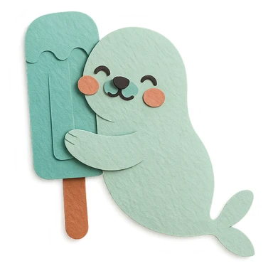 tiny refrigerator seal hugging a popsicle, blushing, soft mint tones, full-body sticker