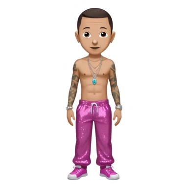 Chester Bennington with dark brown hair, dark pink sequin baggy pants, shirtless with necklace sticker
