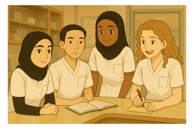 Recreate a scene faithfully inspired by the faces and characteristics of the four nursing students in the provided photos. They collaborate in a care station with a team atmosphere, in Ghibli style. They wear white short-sleeved uniforms with V-neck medical tunics, left chest pocket, no stand-up collar, no stethoscopes, nothing protruding from the sleeves. The setting is a care station with natural interaction among the students. sticker