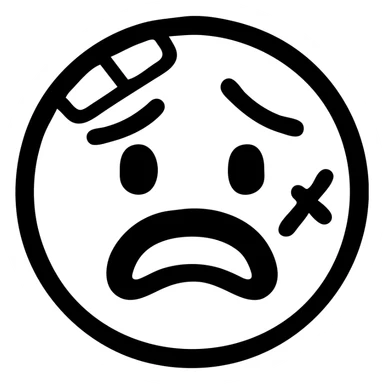 Edit the face to show an injured expression with bandages or scars, painful expression, black thick outlines, red face, emphasizing the expression, consistent with the reference style. sticker