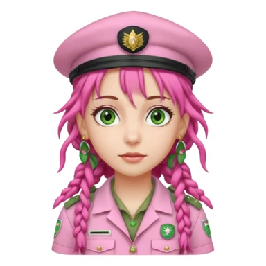very pretty girl big green eyes, scout girl with pretty pink uniform, pink dreadlocks, and big earrings and scouts hat sticker