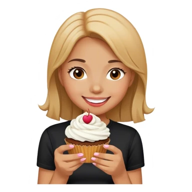 smiling girl in black shirt eating cupcake sticker