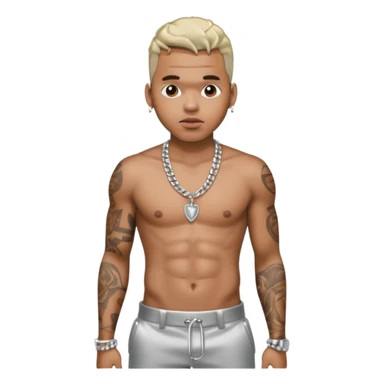 Chris Brown with silver pants, shirtless with necklace sticker