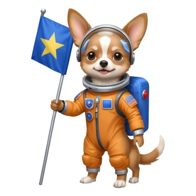 a chihuahua dog in space suit, holding blue rectangle flag, full body, front view sticker