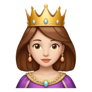 vull un perosnatge estil bimoji que sigui una figura radiante y serena. Se la describe como hermosa y deseable. Cabello castaño y labios carnosos y de un color meocoton, ojos color miel y una vestimenta digna de la realeza, sin olvidar su corona sticker