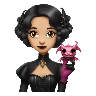 flirty Lavish black evening gown with see-through gloves, Jenna Ortega as Addams woman wearing a steampunk mini tiara, very large blood pink evil-looking horned old dragon sticker