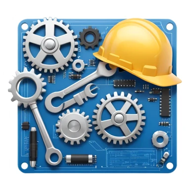 An icon featuring a gear, a wrench, and a blueprint, symbolizing engineering. The design includes a hard hat, a circuit board, and a ruler, representing problem-solving, design, and technological innovation across various engineering fields. Transparent background sticker
