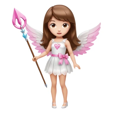Hada de piel clara cupido pequeña  de cabello largo lacio castaño con flequillo y ojos cafés  vestida con algo sensual semitransparente corto color blanco o rojo con 1 arco y una sola flecha que combinen y labios rositas tipo Barbie pero en hada cupido de cuerpo completo de pies a cabeza   sticker