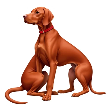 cinematic-[Vizsla-realistic-full-body-sitting-emoji,-tail-resting-loosely-beside-its-paws,-head-tilted-dramatically, -sleek-[red]-fur,-simplified-yet-realistic-focused-features,-highly-detailed,-glowing-with-an-almost-sarcastic-glow sticker