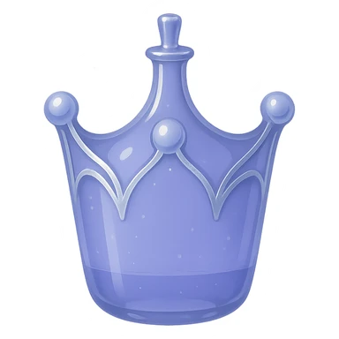 minimalist but luxurious small elixir bottle in crown shape, color #7986cb, subtle elegant silver or iridescent details, soft magical glow, very small neck, seamless bottom, transparent background, bottle floating in air, no base or shadow, modern, matching luxurious magical collection style sticker