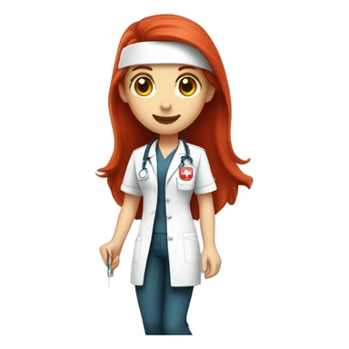 nurse with bright long straight red hair, with amber eyes, shes wearing a nursing uniform that is white with a little red logo of UL...shes holding a needle sticker