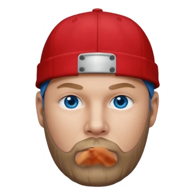 Fred Durst with dark blonde hair, blue eyes, red outfit and cap sticker