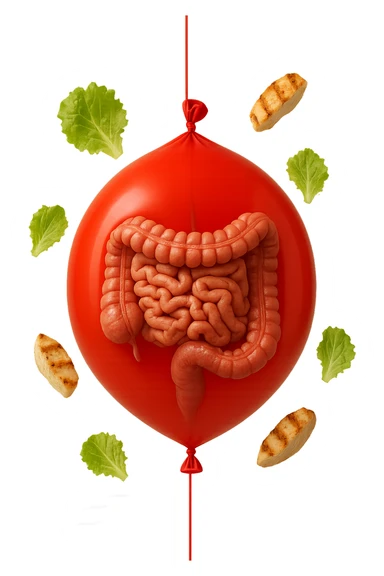 intestino anatomico realistico chiuso in un palloncino rosso e foglie di insalata e petto di pollo grigliato che fluttuano intorno sticker