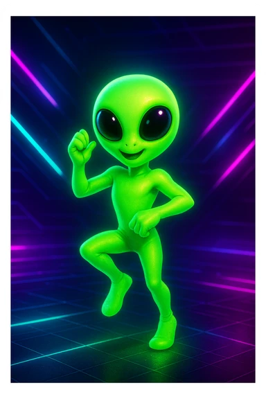An alien dancing in neon green with large eyes, in a futuristic style and a different pose. Emphasize the large eyes and futuristic neon green look. sticker