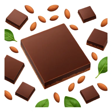 Relaxed body silhouette surrounded by floating food: several large, shiny dark chocolate squares prominently featured, along with spinach leaves, almonds, and seeds. Gentle light connecting these foods to muscles and nervous system, creating a calming effect throughout the body. sticker