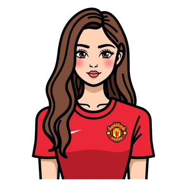 Cute girl with long straight brown hair, brown eyes with mascara, makeup, wearing a Manchester United red football kit sticker