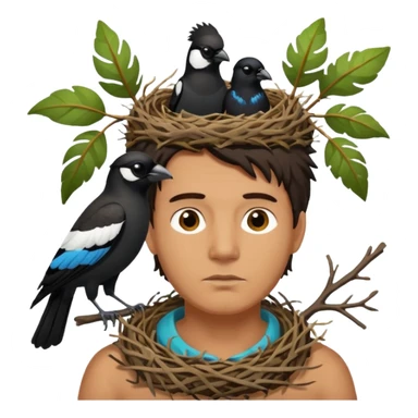 A man who has a magpie birds nest on top of his head for hair sticker