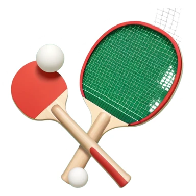 Two table tennis paddles and a ball placed on a ping pong table, with the net in the background. The scene conveys the simplicity and focus of the sport, with vibrant colors highlighting the rackets and ball on the smooth surface of the table. sticker