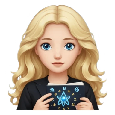 A long wavy haired blonde girl with blue eyes, wearing black, holding astrology natal chart. sticker