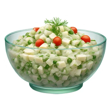 russian salad olivier on a crystal bowl, dill on top of a dish, view from the side  sticker