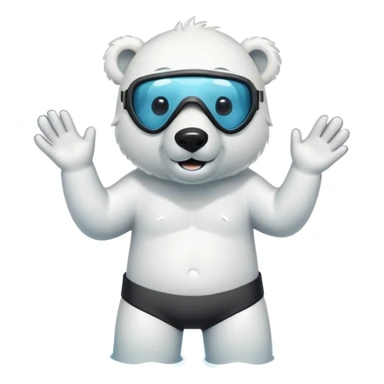 friendly anthropomorphised polar bear standing in a puddle of water, wearing board shorts, scuba mask over eyes with snorkel tube sticker