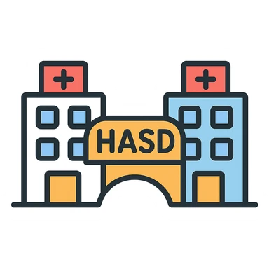 minimal modern icon style of a bridge connecting two different hospitals with the text 'HASD' standing on the bridge, easy to read text sticker