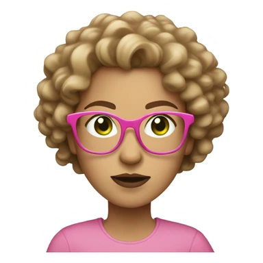 light skinned woman with light brown curly hair, green eyes, and oversized pink glasses shrugging sticker