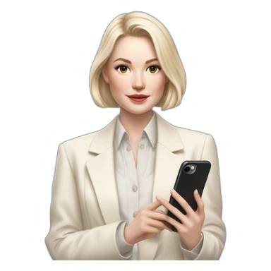 pale skin woman with ash blonde Straightened bob Hair, White Spacious classical jacket, beige palazzo Arrow pants and gray blouse holding white IPhone 15 pro in the hands sticker