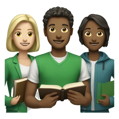 white three people in green clothes holding books sticker