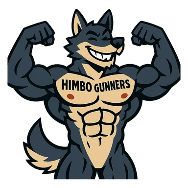 extremely muscular wolf furry, shirtless, 'Himbo Gunners' tattoo across chest, flexing, smiling confidently sticker