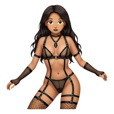 Tan skin with freckles, long dark hair, hazel eyes Dominatrix, wearing BDSM style harness lingerie and black fishnet stockings. Dominant pose.  sticker